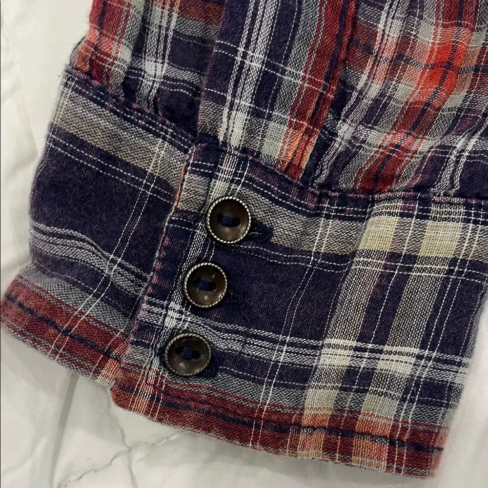 Free People Floral Lace Insert Plaid Cotton Top Long Sleeve Women's Size S - Picture 4 of 6